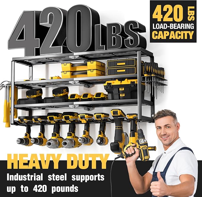 YYR 4 Layer Power Tool Organizer Wall Mount, Cordless Drill Hanger Storage Rack, Battery Tools Holder with Charging Station Shelf for Garage Organization, Workshop, Pegboard, Shed - 32 Inch 8 Slots