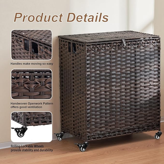 Laundry Hamper with Wheels&Lid, 50.2 Gallons(190L) Rolling Laundry Basket with Wheels, 3-Section Laundry Hamper, Handwoven Rattan Clothes Hamper with 6 Removable Liner& 3 Mesh Laundry Bags, Brown