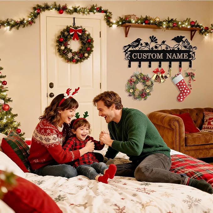 Personalized Bird Key Holder Wall Mount, Custom Metal Key Rack Key Holder with Name, Deer Cabin Wall Keys Hanger with Hooks for Entryway, Front Door, Hallway, Kitchen, Living Room