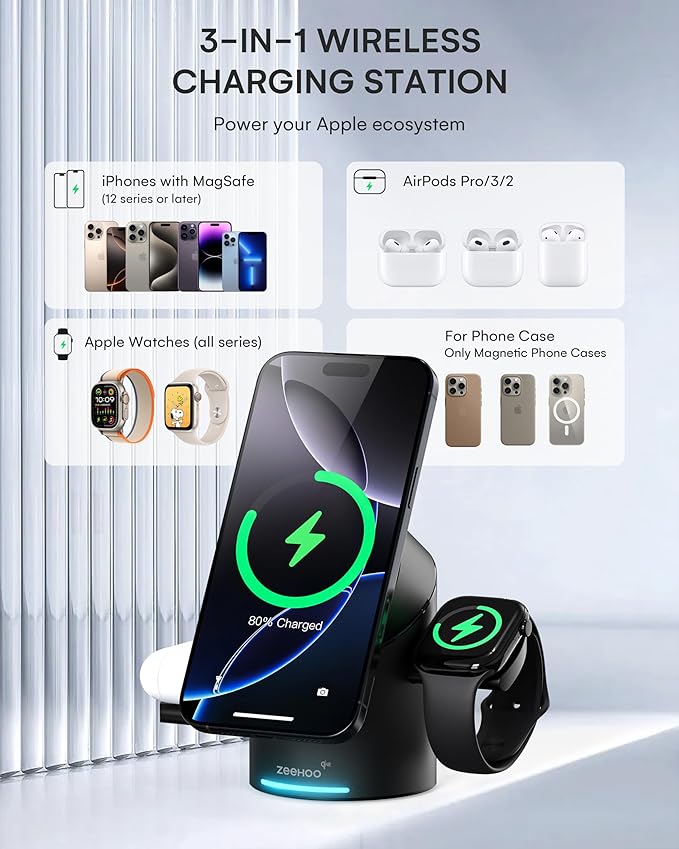 ZEEHOO 3 in 1 Charging Station for Apple Devices, Mag-Safe Charger Stand, Qi2 15W Auto-Rotating Wireless Charger for iPhone 17 16/15/14/13/12 Series& AirPods& iWatch(Black)