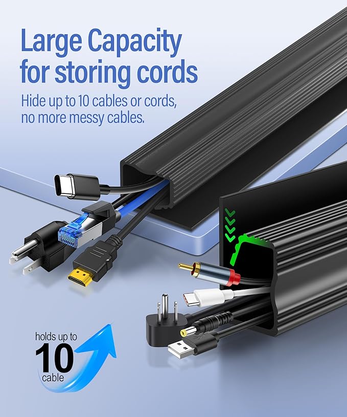 6 Pack Under Desk Cable Management Kit, J Channel Cable Raceway with Double Side Tape, Cord Organizer Tray for Desk, Easy Install, No Drilling, Cable Hider for Home & Office, Child & Pet Proof