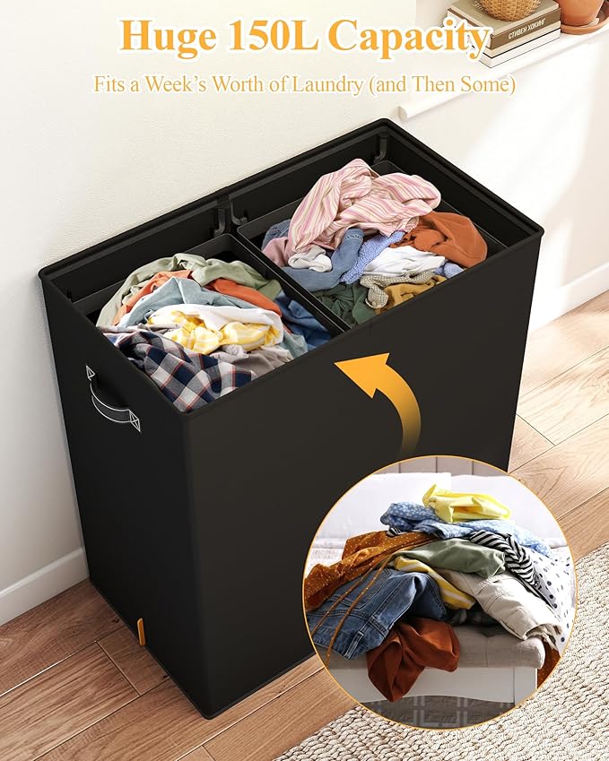 YECAYE 150L Extra Large Laundry Hamper with Lid – Foldable Double Laundry Hamper with Removable Liner – 2 Section Clothes Basket, Dirty Clothes Basket for Bedroom, Bathroom, Laundry Room,Black