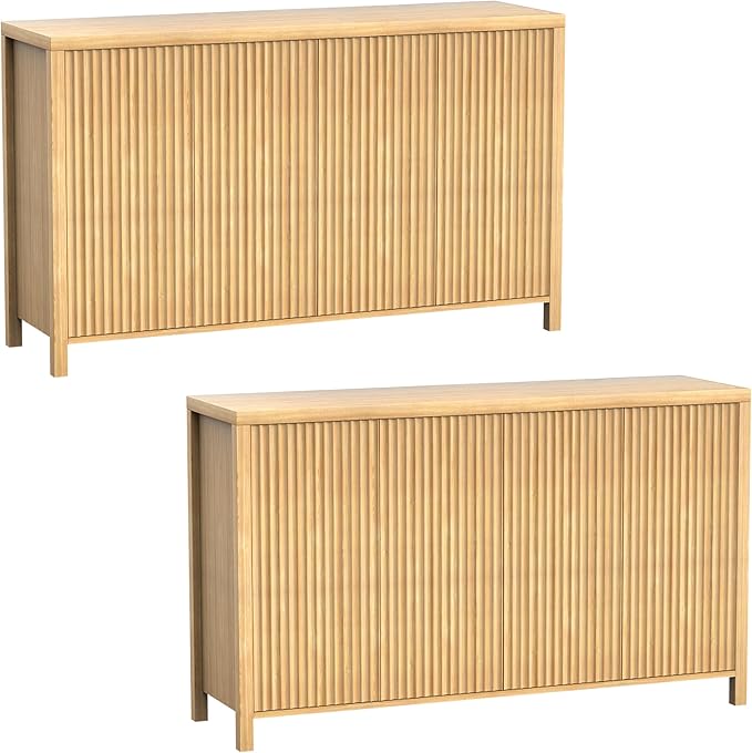 YOUDENOVA Fluted Buffet Cabinet with Storage Set of 2, Modern Sideboard Cabinets with 4 Doors & Adjustable Shelves, Accent Credenza Storage Cabinet, Wood Entryway Cabinet for Living Room, Natural