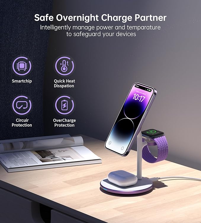 XooFly 3 in 1 Wireless Charging Station for Apple Devices, Fast Wireless Mag-Safe Charger Stand with 20W Adapter for iPhone 17/16 15 14 13 12 Pro Max/Pro/Plus/Air/Mini, iWatch, AirPods (Lavender)