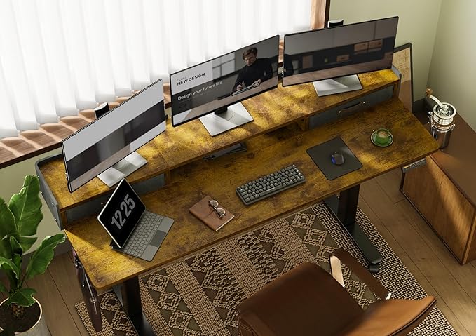 YDN Rustic Brown 2-Tier Adjustable Electric Standing Desk, 63 inch, Modern Design with 2 Drawers, Felt Fence, Hook, for Office