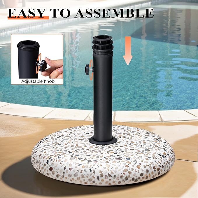 45lbs Patio Umbrella Base, Outdoor Umbrella Stand, Concrete with Cobblestone Decor Heavy Duty Umbrella Holder Outdoor Base for Deck Poolside Yard (Cobblestone)