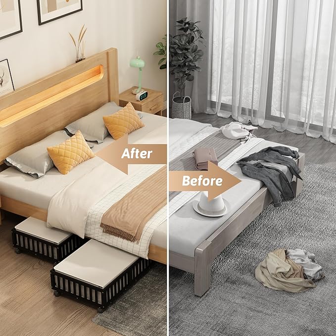 Bamboo Under Bed Storage Containers with Wheels, 2 Pack Under the Bed Shoe Storage Bins, Wood Rolling Underbed Drawers Organizer for Bedroom, Closet, Clothes Blanket Comforter and Under Crib Toy Black