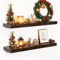 Wood Floating Shelves for Wall, 24" Floating Shelves Wall Mounted, Rustic Old Elm Wood Shelves for Home Decor, Heavy-Duty Storage Shelves for Books, Bathroom, Kitchen, Walnut Color, Set of 2
