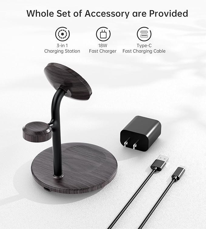 XooFly 3 in 1 Wireless Charging Station for Apple Devices, Fast Wireless Mag-Safe Charger Stand with 20W Adapter for iPhone 17/16 15 14 13 12 Pro Max/Pro/Plus/Air/Mini,iWatch,AirPods(Black Wood Grain)