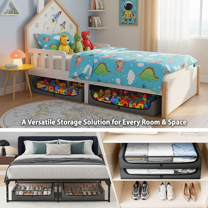 Under Bed Storage with Wheels, XXL 65L Under Bed Drawers, Rolling Metal Drawer for Shoes, Clothes, Books, Toys, Under Bed Organizer with Clear Lids for Dorm Room, Bedroom, Kids Room, 2 Pack