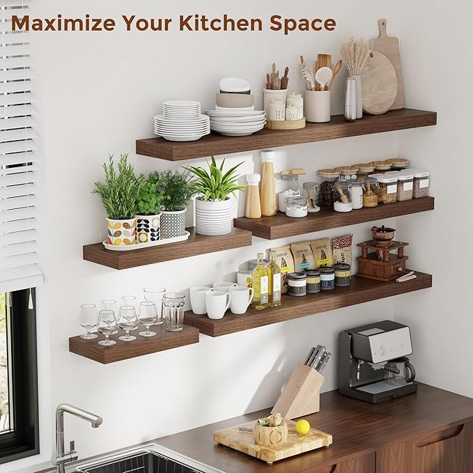 Heimlove 16 Inch Floating Shelves for Wall Walnut Shelves Set of 2,Wall Mounted Rustic Wood 8 Inch Deep Floating Shelf with Invisible Brackets for Bedroom Kitchen Living Room