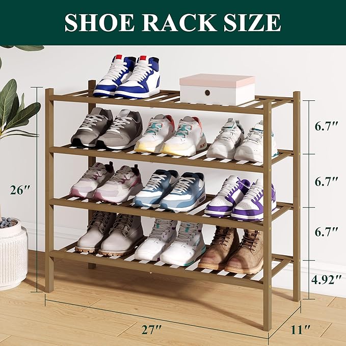 Smiry Bamboo Shoe Rack for Closet, 4 Tier Wooden Stackable Shoe Organizer, Free Standing Shoes Storage Shelf for Entryway, Front Door Entrance, Walnut