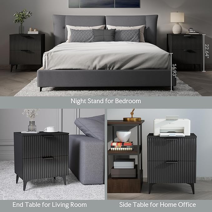 Wood Night Stand Set 2 Fluted Dresser for Bedroom 2 Drawers End Tables Nightstands Set of 2, Storage Modern Bedside Table Set of 2, Black Nightstand