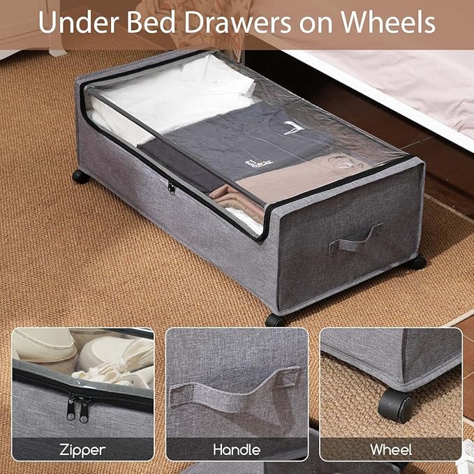 Under Bed Storage with Wheels, Under Bed Storage Containers,Underbed Shoe Storage, Drawers for Under Bed, Lockable, Heavy Duty, XXXXL Size 90L