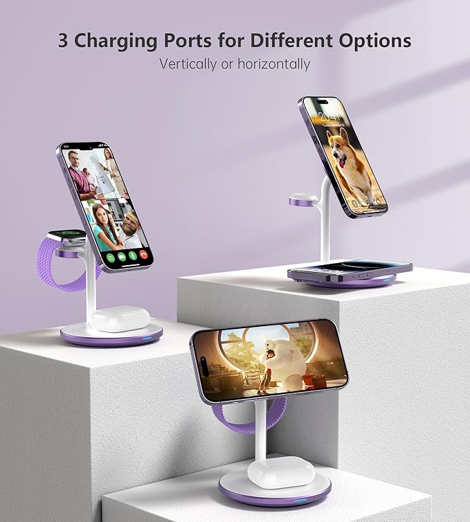 XooFly 3 in 1 Wireless Charging Station for Apple Devices, Fast Wireless Mag-Safe Charger Stand with 20W Adapter for iPhone 17/16 15 14 13 12 Pro Max/Pro/Plus/Air/Mini, iWatch, AirPods (Lavender)