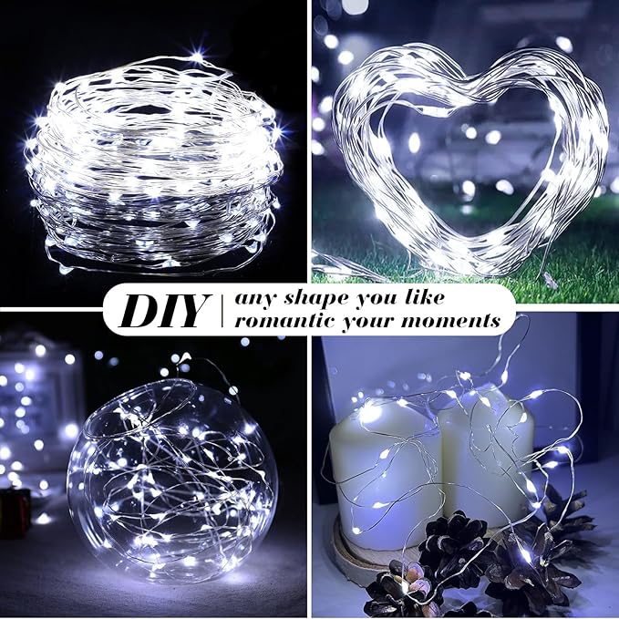 ZGWJ 100 Pack Fairy Lights Battery Operated, 7ft 20 Mini LED Fairy String Lights Silver Wire 4 Modes for DIY, Parties, Wedding, Bedroom, Halloween Christmas Decoration White