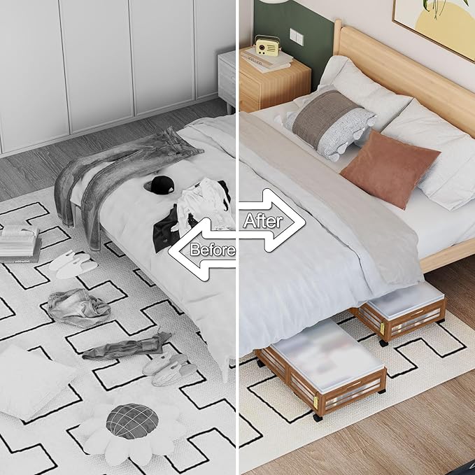 Under Bed Storage Containers with Wheels, Larger Bamboo Wood Under Furniture Storage Containers with Dust Bags，Rolling for Shoes Clothes