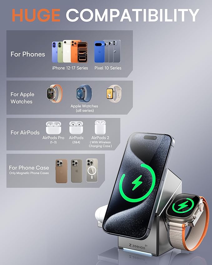 ZEEHOO 3 in 1 Charging Station for Apple, iPhone Mag-Safe Charger, Qi2 Certified, Rotating Wireless Charger Stand for iPhone 17,16,15,14,13,12 Series, Apple Watch, AirPods (USB-C Charger Included)