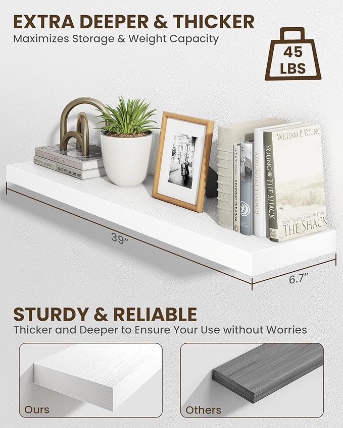 Marsmiles 40" Floating Shelves for Wall, Wooden Shelves with Invisible Brackets Set of 2, Rustic Farmhouse Wall Mounted Shelf for Kitchen Bathroom Living Room Study, White