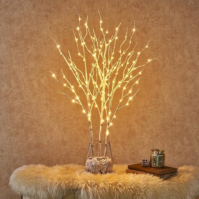 Hairui Lighted Artificial Twig Birch Tree Branch with Fairy Lights 32in 150 LED Plug in Lighted Willow Branch for Christmas Wedding Party Decoration 2 Sets (Vase Excluded)