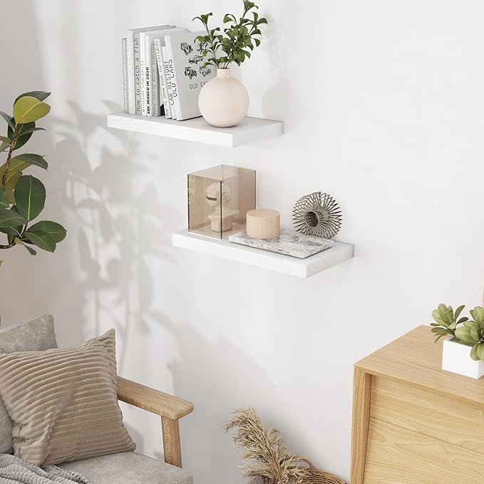 White Floating Shelves for Wall, 16 Inch Wall-Mounted Bathroom Shelves Set of 2, Rustic Wood Floating Shelf for Kitchen|Bedroom, 9.3 Inch Deep Shelf Invisible Brackets for Books|Storage|Decor