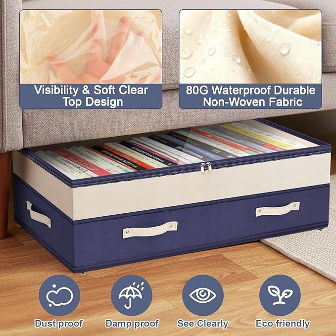Dolicer 4 Pack Under Bed Storage with Wheels, 6in-10in Height Adjustable Underbed Storage Containers, 92L XXXL Under Bed Drawers Rolling Bin with Clear Lids for Dorm Shoes Clothes Organizers(Blue)