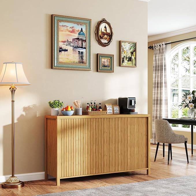 YOUDENOVA Fluted Buffet Cabinet with Storage Set of 2, Modern Sideboard Cabinets with 4 Doors & Adjustable Shelves, Accent Credenza Storage Cabinet, Wood Entryway Cabinet for Living Room, Natural