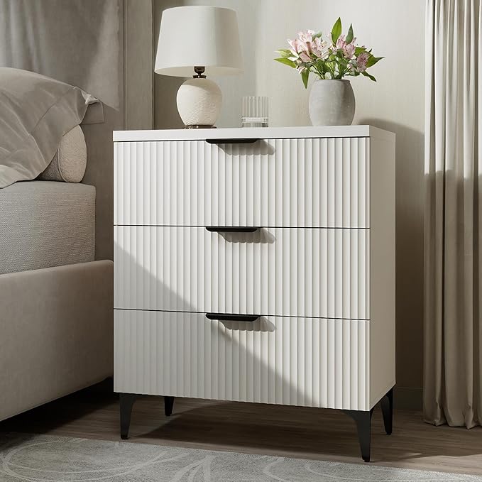 Wood Night Stand Set Fluted Dresser for Bedroom 3 Drawers End Tables Nightstand, Storage Modern Side Table Natural White Bedside Table