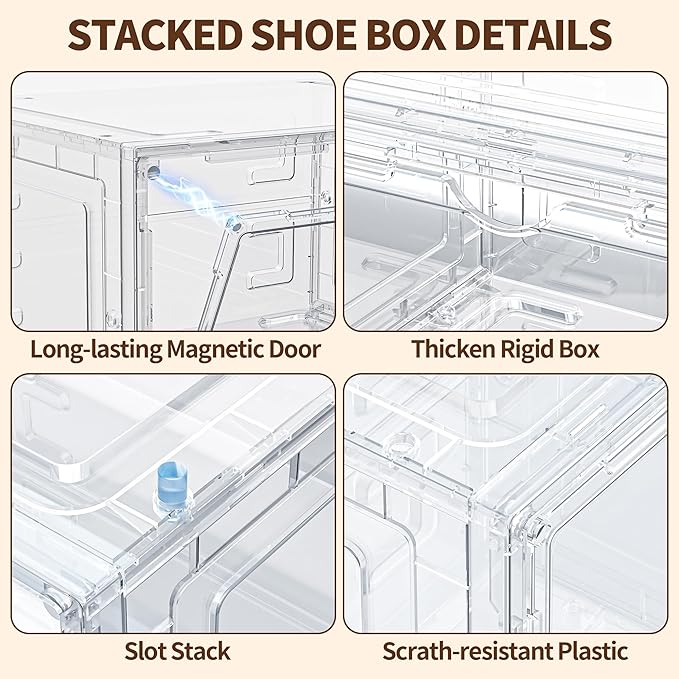 10 Pack XX Large Shoe Organizer, Heavy-Duty Hard Thicken Plastic Clear Stackable Shoe Storage Box Organizer for Closet, Space-Saving Shoe Rack Display Case Bin Containers for Sneakers, Clear