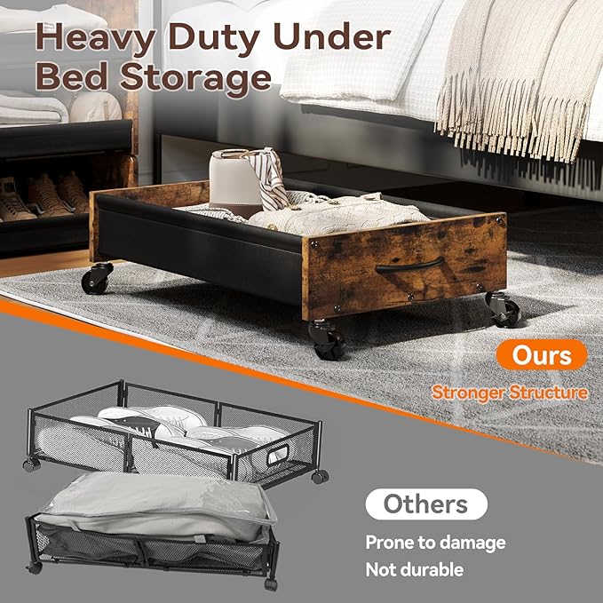 Under Bed Storage with Wheels, Under Bed Storage Drawers on Wheels, Metal Frame Under Bed Shoe Storage, Space-Saving for Bedroom Closet Organization
