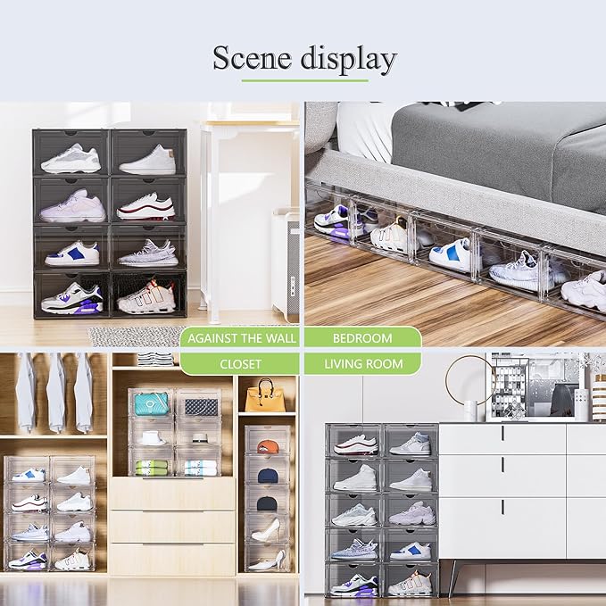 XL Shoe Storage Box,8 Pack Drop Side Shoe Boxes Clear Plastic Stackable,Sneaker Display Case with Magnetic Door Fit up to US 13（13.4”x 10.6”x 8.3”(8 Pack Clear)