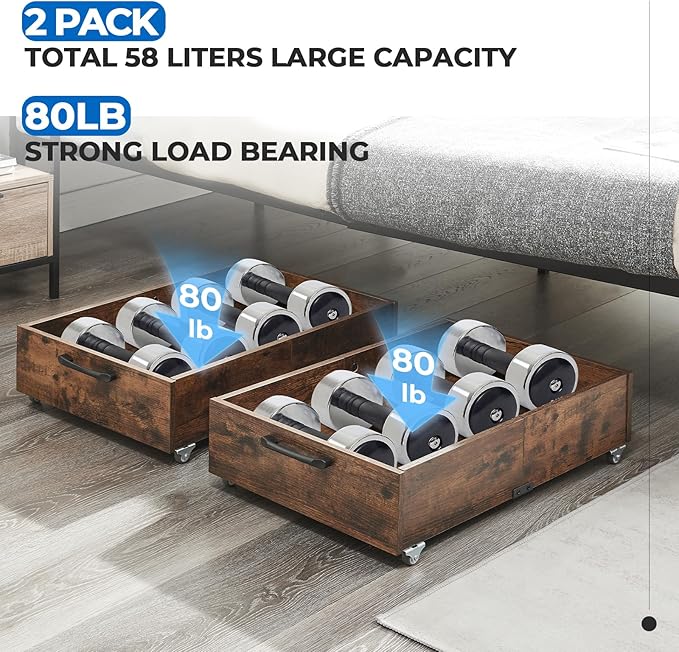 Under Bed Storage with Wheels, 2-Pack Under Bed Shoe Storage Organizer Drawer, Composite Wood Organizer for Shoes Clothes Containers in Bedroom for Clothes,Shoes(Brown)