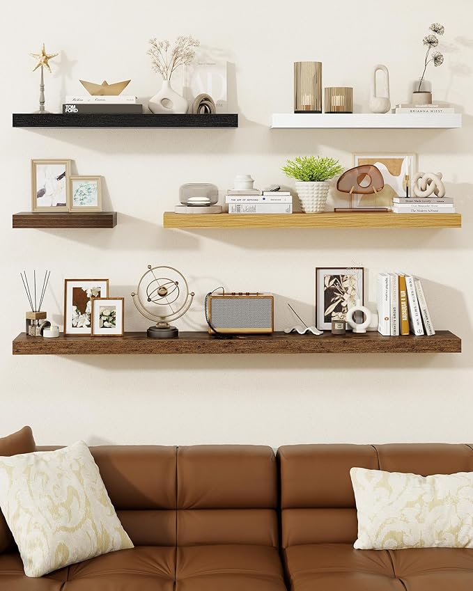 Marsmiles 30" Floating Shelves for Wall, Wooden Shelves with Invisible Brackets Set of 2, Rustic Farmhouse Wall Mounted Shelf for Kitchen Bathroom Living Room Study, Walnut