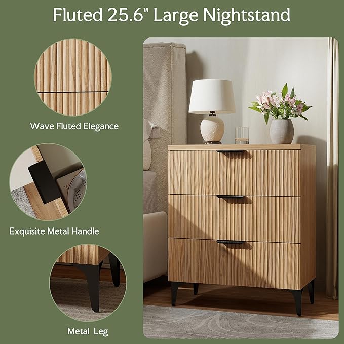 Wood Night Stand Set Fluted Dresser for Bedroom 3 Drawers End Tables Nightstand, Storage Modern Side Table Natural Wood Bedside Table