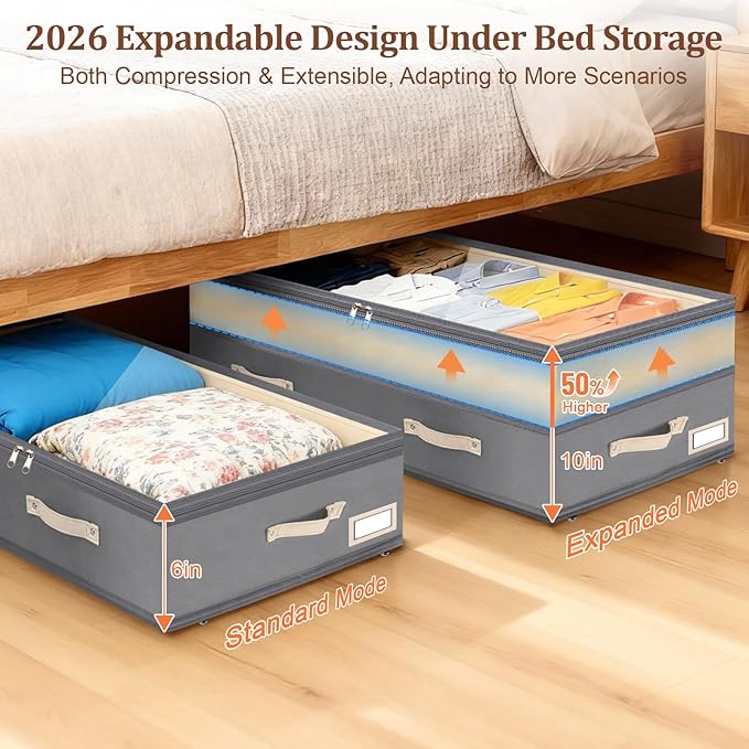 Dolicer 4 Pack Under Bed Storage with Wheels, 6in-10in Height Adjustable Underbed Storage Containers, 92L XXXL Under Bed Drawers Rolling Bin with Clear Lids for Dorm Shoes Clothes Organizers(Grey)
