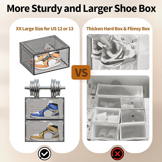 10 Pack XX Large Shoe Organizer, Heavy-Duty Hard Thicken Plastic Clear Stackable Shoe Storage Box Organizer for Closet, Space-Saving Shoe Rack Display Case Bin Containers for Sneakers, Grey