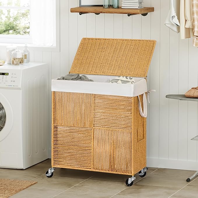 WOWLIVE Double Laundry Hamper with Lid, Handwoven Rolling Laundry Basket with Wheels, 115L Dirty Clothes Hamper with Removable Liner Bag Large Capacity Laundry Sorter Laundry Room Organization,Natural