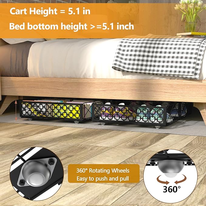 NADAMOO Under Bed Storage with Wheels, 1 Pack Rolling Under Bed Storage Containers, Foldable Metal Under the Bed Organizer Bins for Bedroom Clothes Shoes Blankets