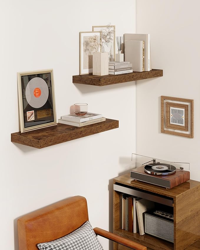 Marsmiles 32" Floating Shelves for Wall, Wooden Shelves with Invisible Brackets Set of 2, Rustic Farmhouse Wall Mounted Shelf for Kitchen Bathroom Living Room Study, Rustic Brown