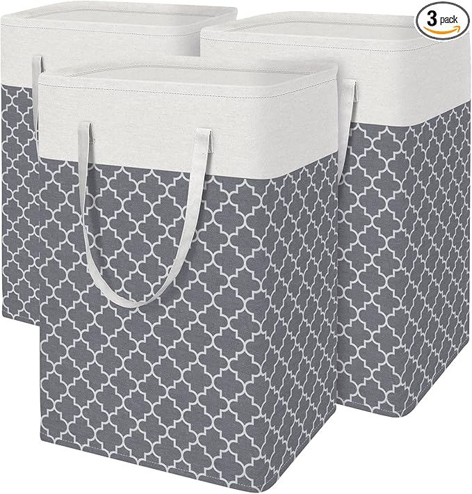 BlissTotes 3-Pack Laundry Basket, Freestanding＆Waterproof Laundry Hamper, Collapsible Tall Clothes Hamper with Easy Carry Handles for Clothes, Towels in the Family and Dorm,Clover Grey,88L