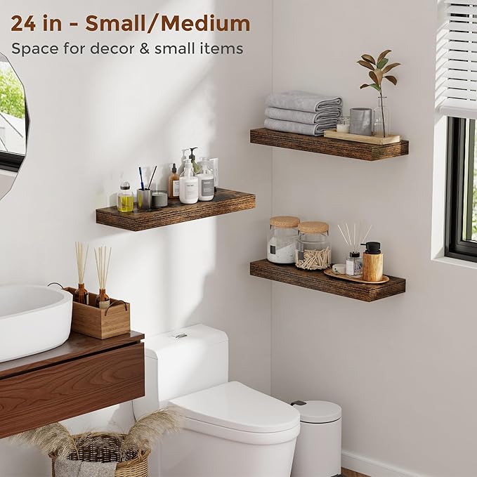 Heimlove 24 Inch Floating Shelves for Wall Rustic Brown Shelves Set of 2,Wall Mounted Rustic Wood 8 Inch Deep Floating Shelf with Invisible Brackets for Bedroom Kitchen Living Room