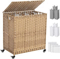 Laundry Hamper with Wheels&Lid, 50.2 Gallons(190L) Rolling Laundry Basket with Wheels, 3-Section Laundry Hamper, Handwoven Rattan Clothes Hamper with 6 Removable Liner& 3 Mesh Laundry Bags, Natural