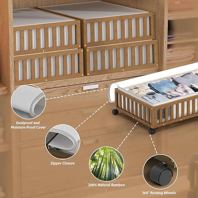Bamboo Under Bed Storage Containers with Wheels, 2 Pack Large Under the Bed Shoe Storage Bins, Wood Rolling Underbed Drawers Organizer for Bedroom Closet Clothes Blanket Under Crib Toy Walunt