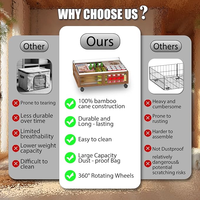 Under Bed Storage Containers with Wheels, Larger Bamboo Wood Under Furniture Storage Containers with Dust Bags，Rolling for Shoes Clothes