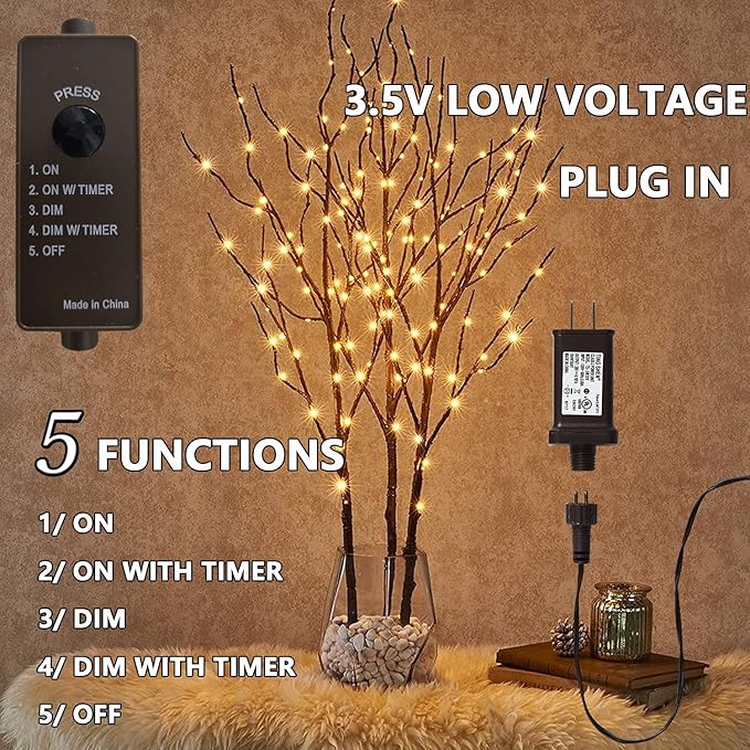 Fudios Lighted Branch Plug in with Timer Willow Branches with Fairy Lights for Vase Twig 32IN 150 LED Outdoor and Indoor Holiday Party Decor