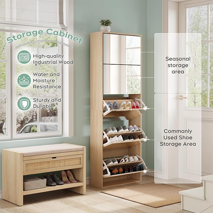 Yechen Mirror Shoe Cabinet with 5 Flip Drawers, Shoe Rack Storage Organizer, Entryway Shoe Cabinet for Front Door,Foyer,Hallway (1 Piece, Mirror Silver)