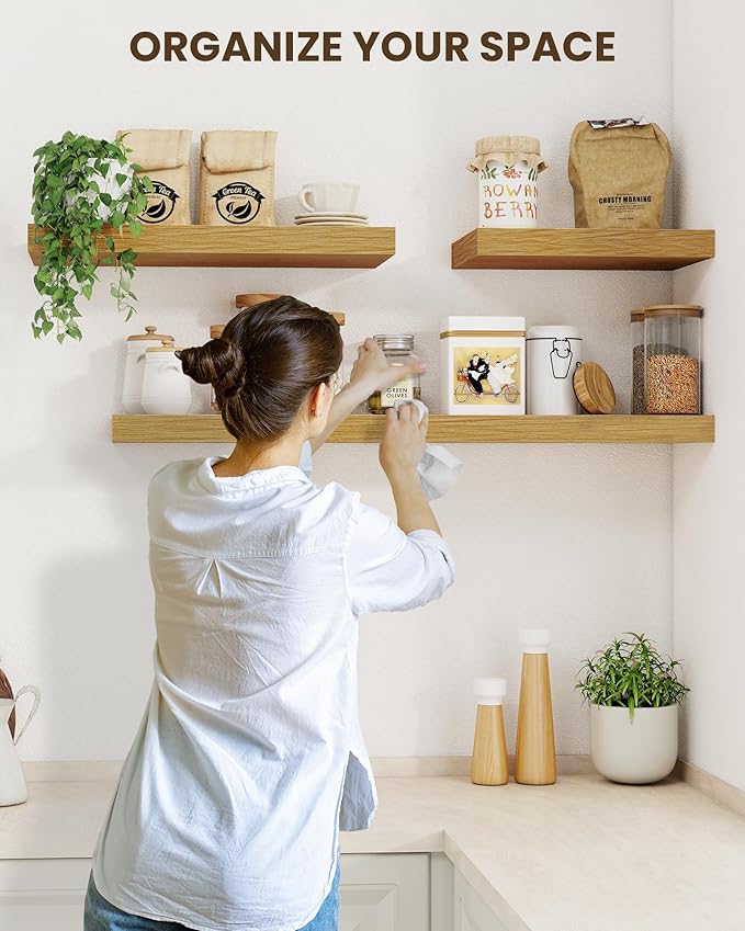Marsmiles 32" Floating Shelves for Wall, Wooden Shelves with Invisible Brackets Set of 2, Rustic Farmhouse Wall Mounted Shelf for Kitchen Bathroom Living Room Study, Natural Oak
