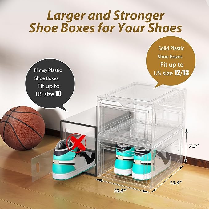 10 Pack XX Large Thicken Sturdy Hard Plastic Clear Stackable Shoe Storage Boxes for Size 12, Sneaker Shoe Rack Containers Holders Bins Display Case Organizer for Closet, White