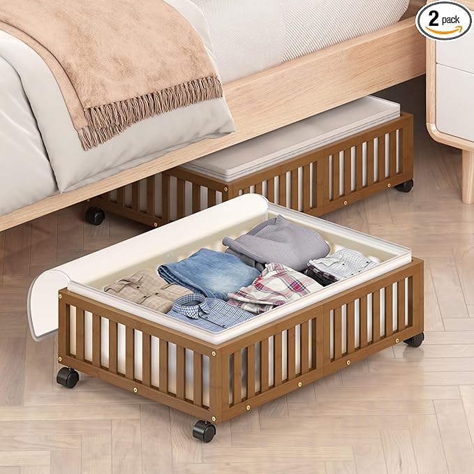 Under Bed Storage Containers with Wheels, 2 Pack Bamboo Under the Bed Shoe Storage Bins, Wood Rolling Underbed Drawers Organizer for Bedroom, Closet Clothes Blanket Comforter Under Crib Toy Walunt