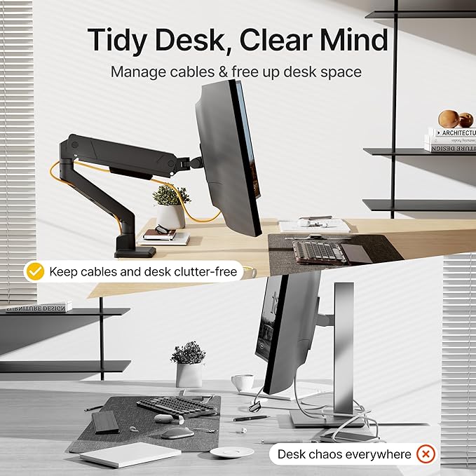 monTEK Single Monitor Arm with USB for Max 45 Inch Ultrawide Screens Adjustable Monitor Desk Mount Holds 35 Lbs Cable Management with C Clamp/Grommet Desk Mount, VESA 75/100mm, MA1007UCBK